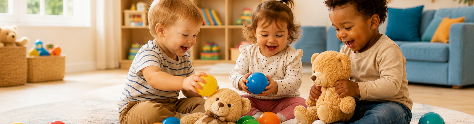 children playing with balls and teddy bears
