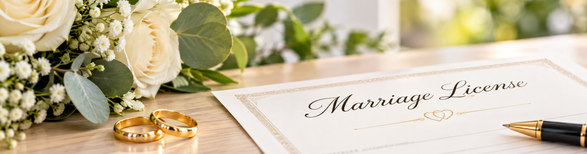 Marriage license with rings on a desk