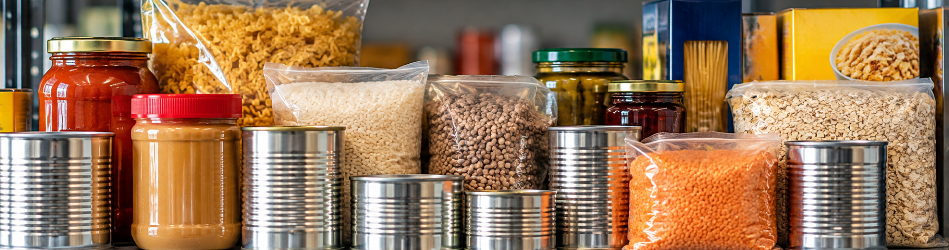 Food lined up on a shelf