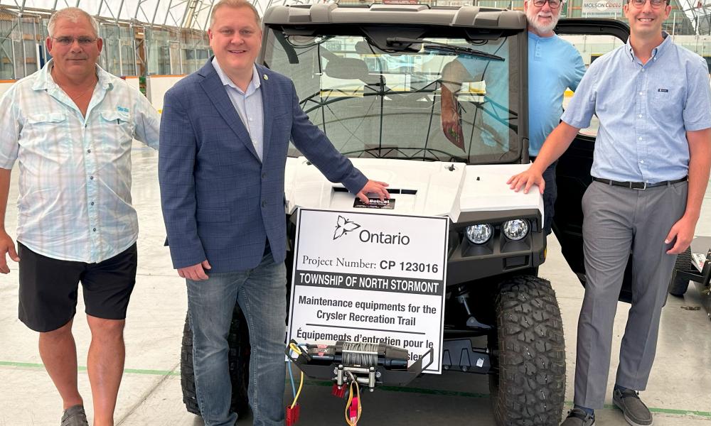 from left, are Crysler Recreation’s Pierre Thibault, Councillor Adrian Bugelli, Crysler Recreation Trail Volunteer Andre Lavictoire and MPP Nolan Quinn, showing off the new trail mower.