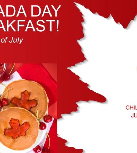 A poster for the Canada Day Breakfast in Avonmore showing pancakes and canadian flags