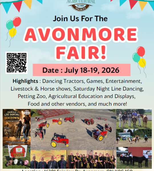 Avonmore Fair 2026 poster featuring dancing tractors