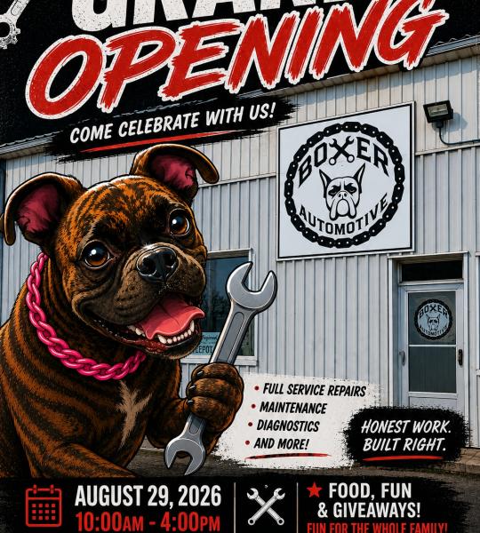 Grand opening poster for Boxer Automotive
