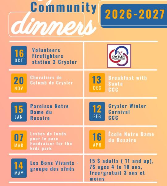 Crysler community dinner schedule 2026/2027
