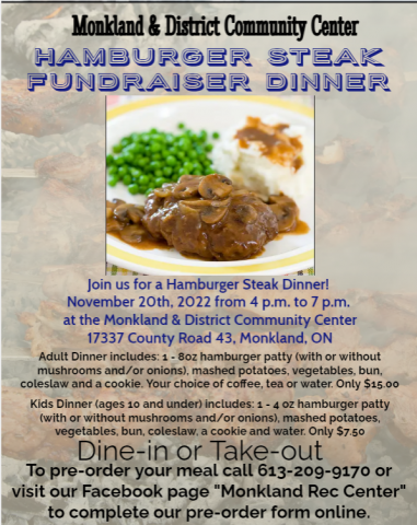 Hamburger steak dinner, with location and pricing