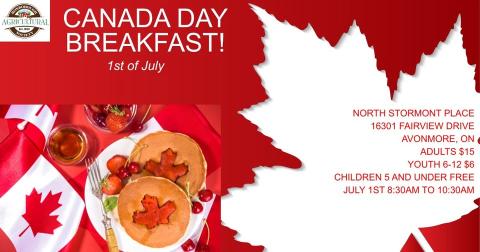 A poster for the Canada Day Breakfast in Avonmore showing pancakes and canadian flags