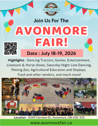 Avonmore Fair 2026 poster featuring dancing tractors