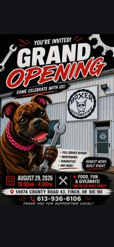 Grand opening poster for Boxer Automotive