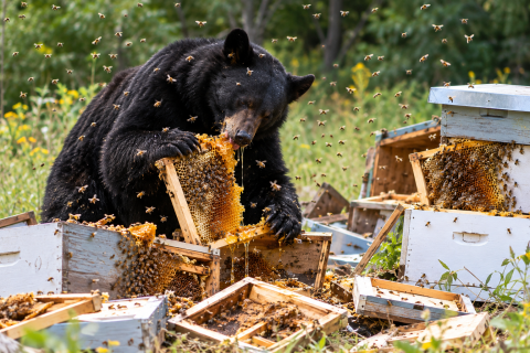 black bear tearing apart honey boxes