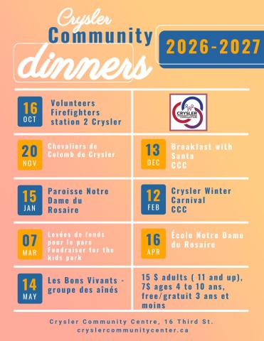 Crysler community dinner schedule 2026/2027