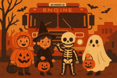 children dressed for halloween by a fire truck