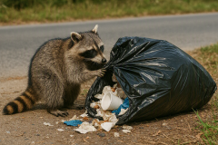 a racoon digging through a garbage bag